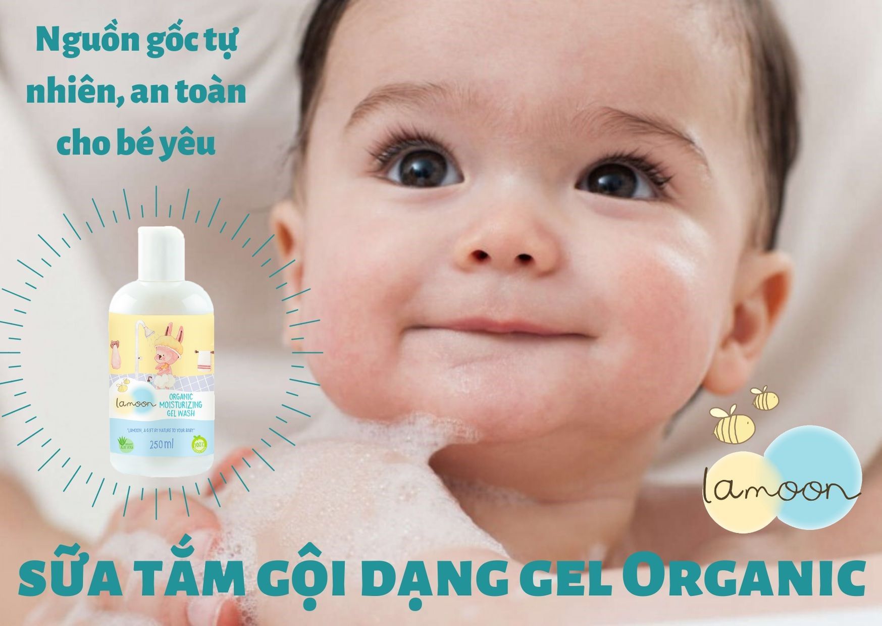 Sữa tắm gội dưỡng ẩm Organic cho bé dạng gel Lamoon - Bình 250ml